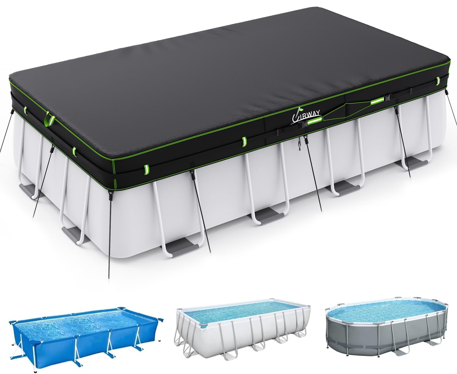 UIRWAY 214 x 305 cm Poolabdeckung Rechteckig, 420D Winterabdeckung für oberirdische Pools, UV-beständige Poolplane mit Kordelzug und Bodenankern, stabile Befestigung und einfache Montage