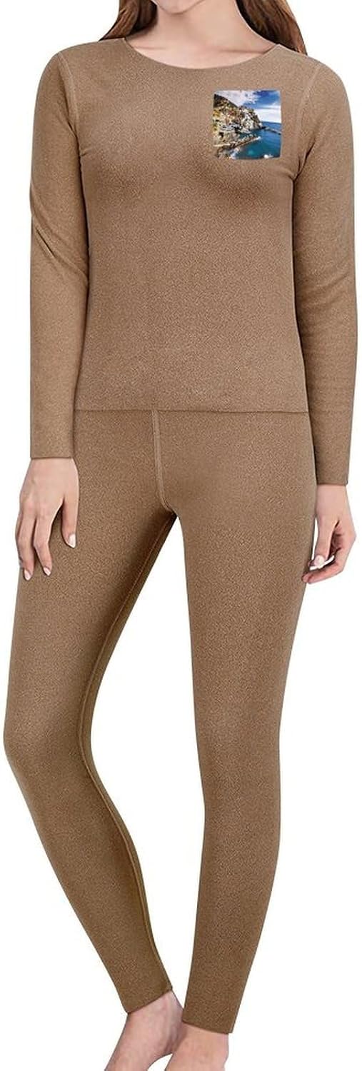 Women's Fleece Lined Thermal Set - Cold Weather Long Johns Ultra-Soft Cinque Terre Scenery Printed Base Layer