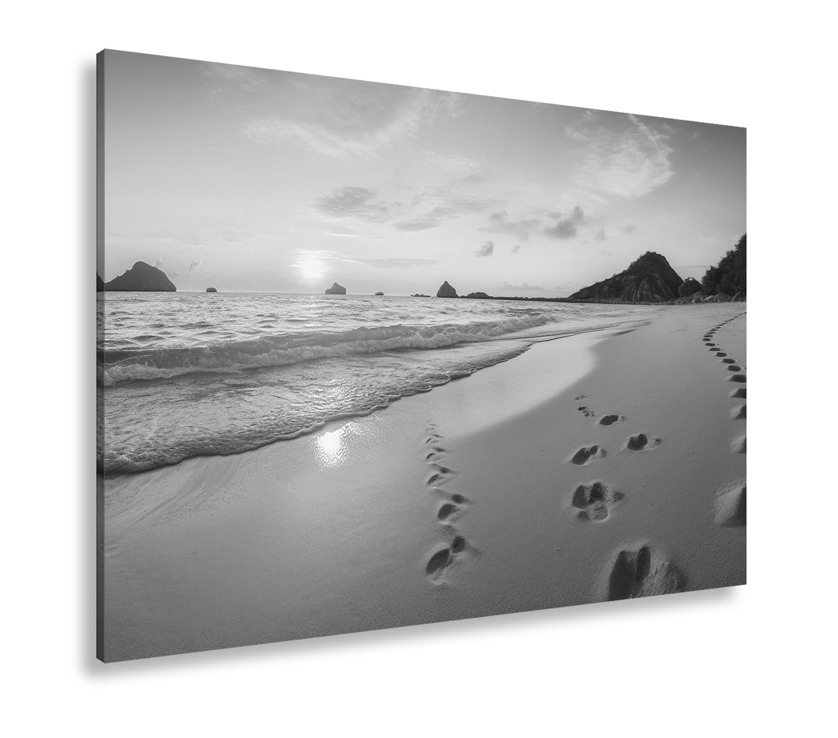 deyoli Leinwandbild Fußspuren im Sand – Sonnenuntergang küsst das weite Meer. Format: 120x80cm Effekt:Schwarz&Weiß XXL Kunstdruck Bild auf Keilrahmen/Wandbild/Wohnzimmer Dekoration