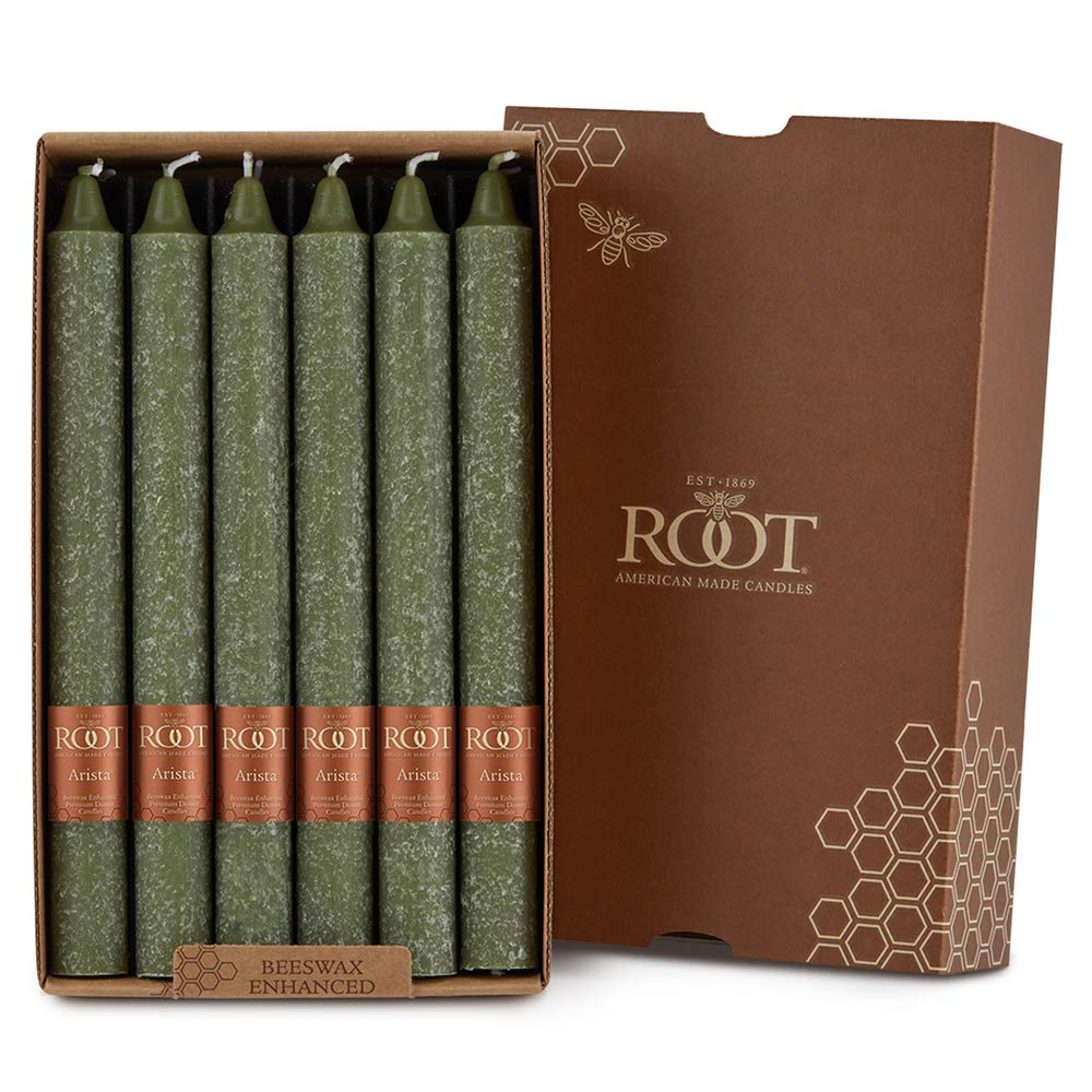 Root 25 cm bezzapachowe świece Timberline Arista, ciemnooliwkowe, pudełko 12 sztuk