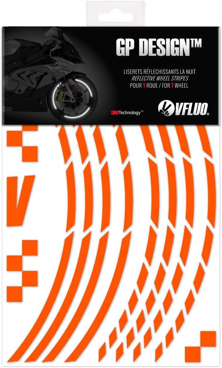 VFLUO GP DESIGN™, retroreflective motorcycle rim strips kit (1 wheel), 3M Technology™, Regular width ribbon, Red VFLUO GP DESIGN™, retroreflective motorcycle rim strips kit (1 wheel), 3M Technology™, Regular width ribbon, Red