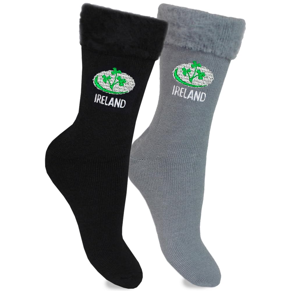 TeddyT's Men's Ireland Rugby Shamrock Thermal Bed Socks in Black & Grey (2 Pair Pack)