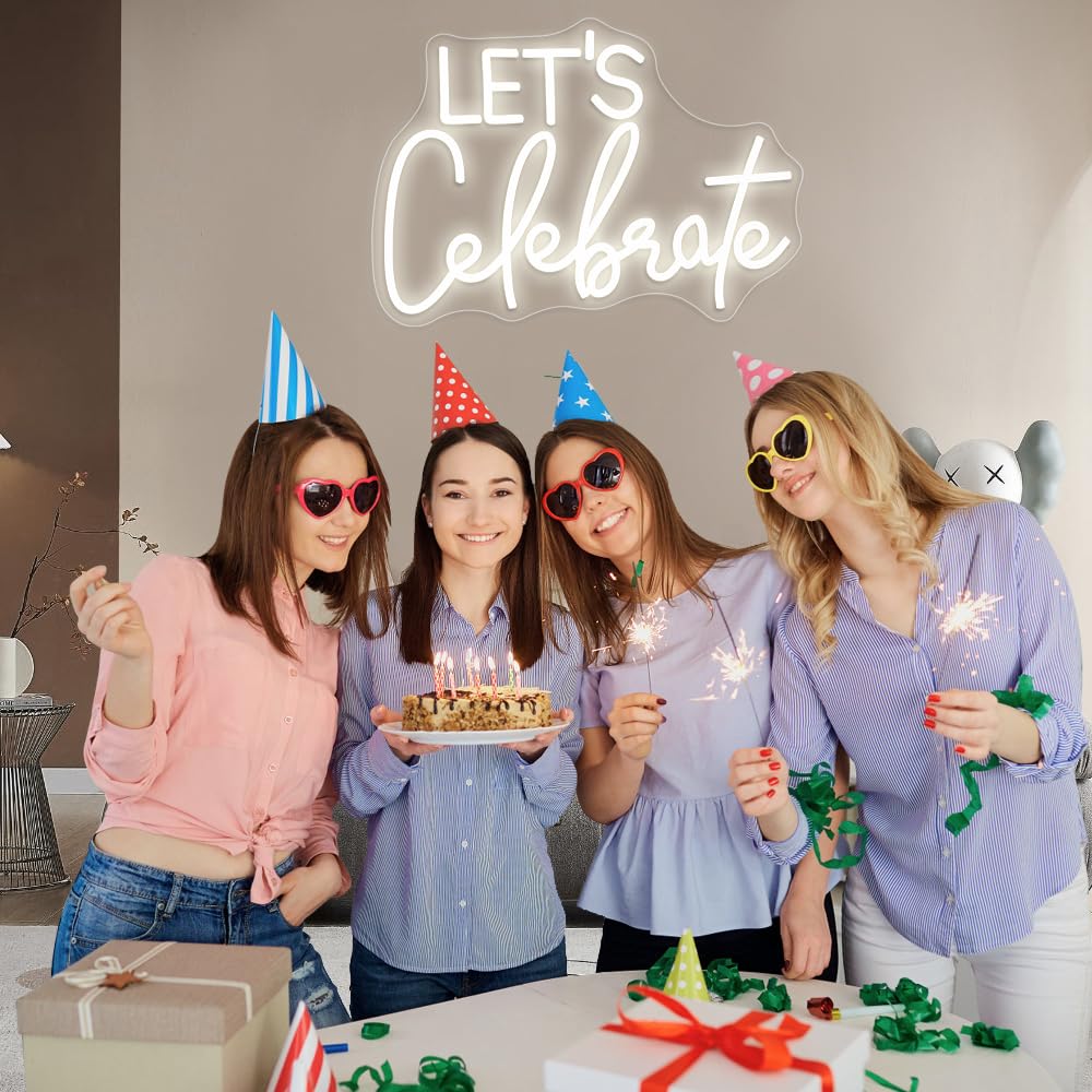 Let's Celebrate Neonschild, warmweiße LED-Neonlichter für Wanddekoration, USB-betriebene Neonschilder für Wohnzimmer, Esszimmer, Thanksgiving und Party-Dekorationen (38,1 x 26,9 cm)
