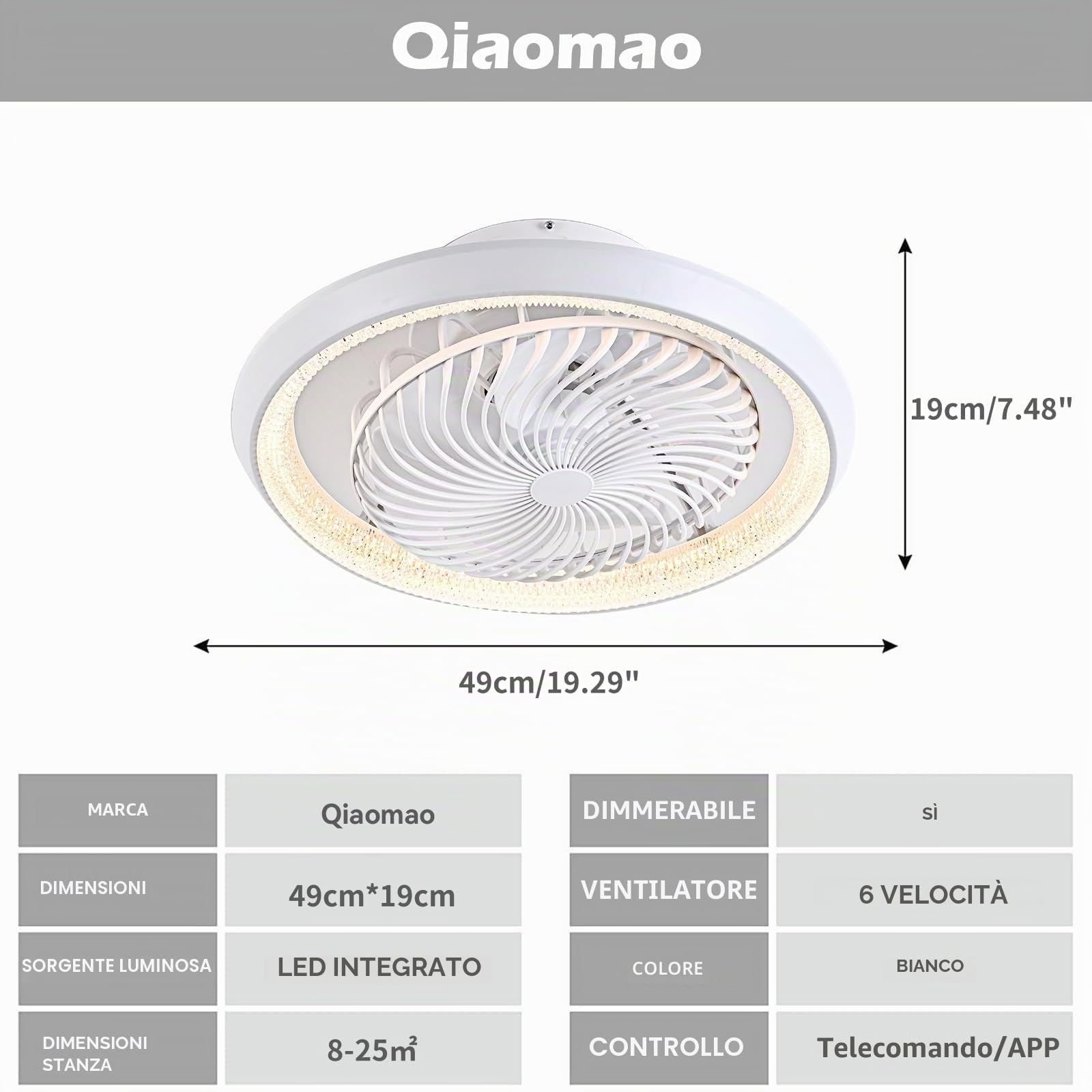 LED Ventilatore da Soffitto, 360° Rotazione Ventilatore da Soffitto con Luce e Telecomando/APP, Reversibile Lampadario Ventilatore da Soffitto con Timer, Dimmerabile e 6 Velocità (72W, Bianco)