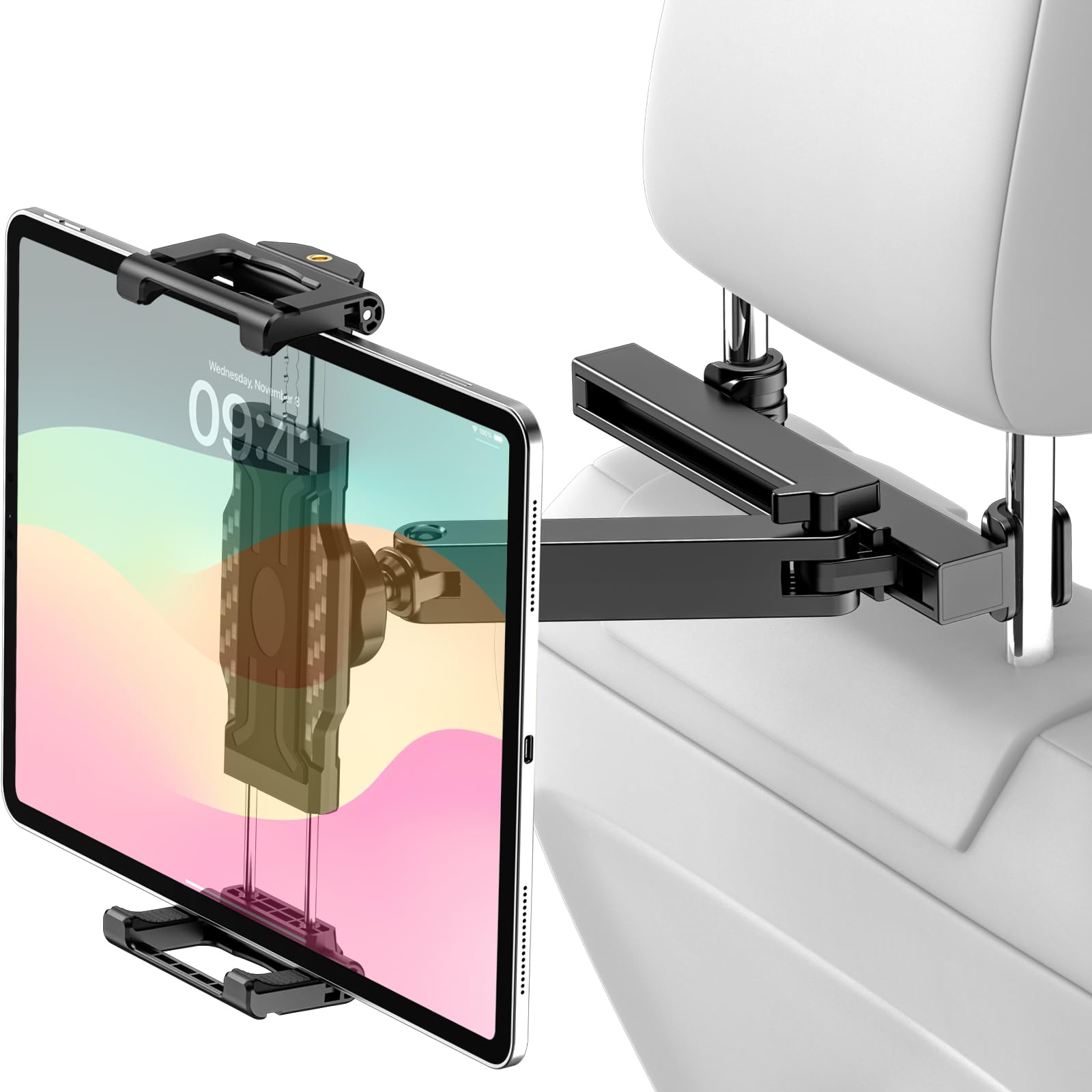Support Tablette Voiture Appuie-tête pour 6,1 à 15,6 Pouce iPad [Bras Extensible Pliable] 360° Rotation Support pour Coque Épais pour iPad Pro 13 12.9 11 Air Mini, iPad 10.9, Galaxy tab, iPhone