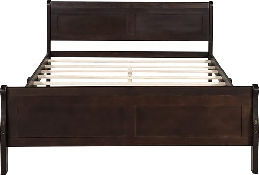 Espresso Twin Size Wood Sleigh Bed Frame with Headboard and Footboard | Wooden Double Platform Beds Frames, Classic Bedframe, Slat Support, Under Bed Storage Space, No Box Spring Needed