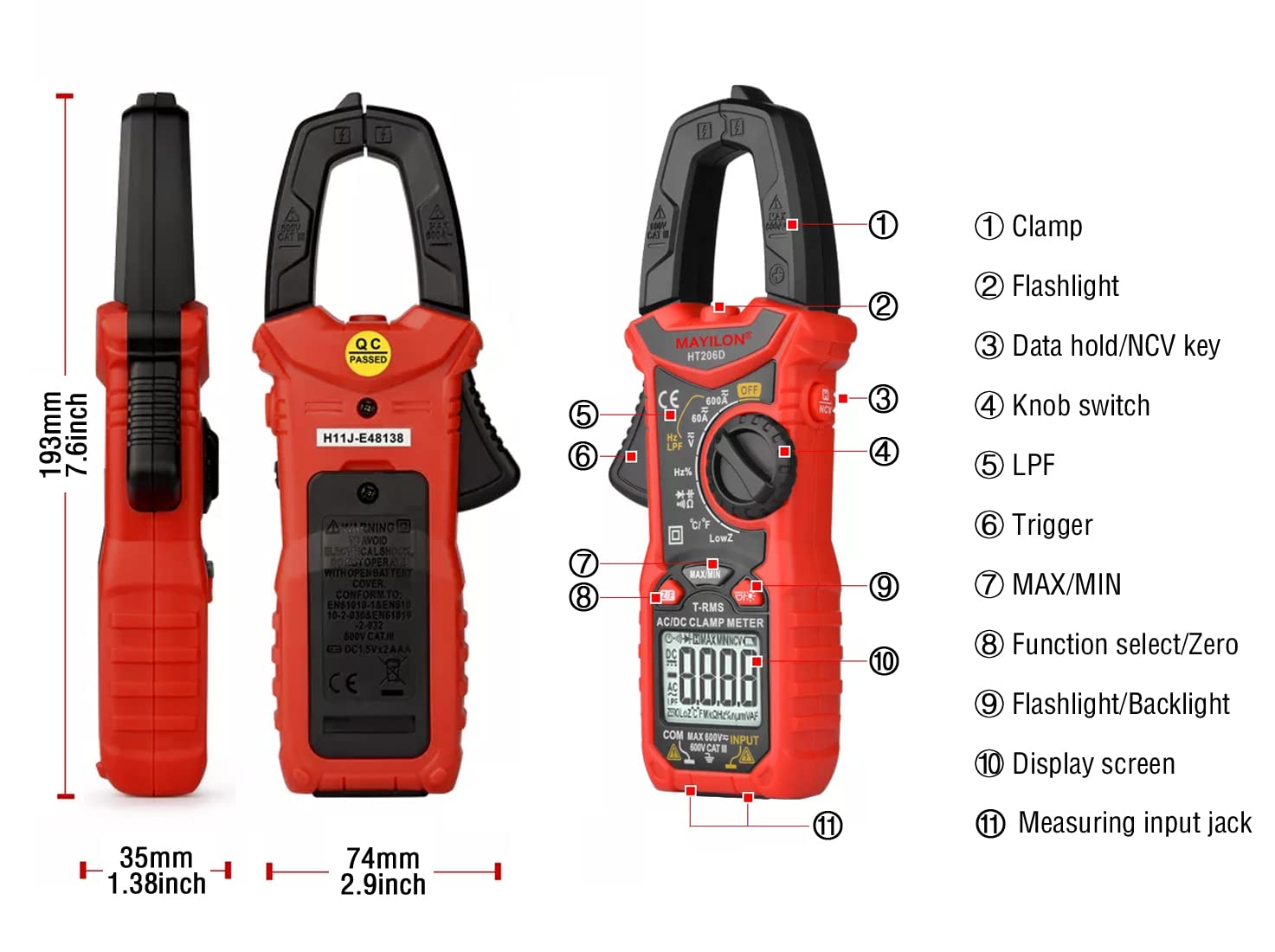 HT206D Multimetro Digitale, Pinza Amperometrica True RMS con Misura Temperatura e LowZ, NCV, LPF, AC/DC Tensione e Corrente, Frequenza, Resistenza, Capacità, Diodi, Continuità
