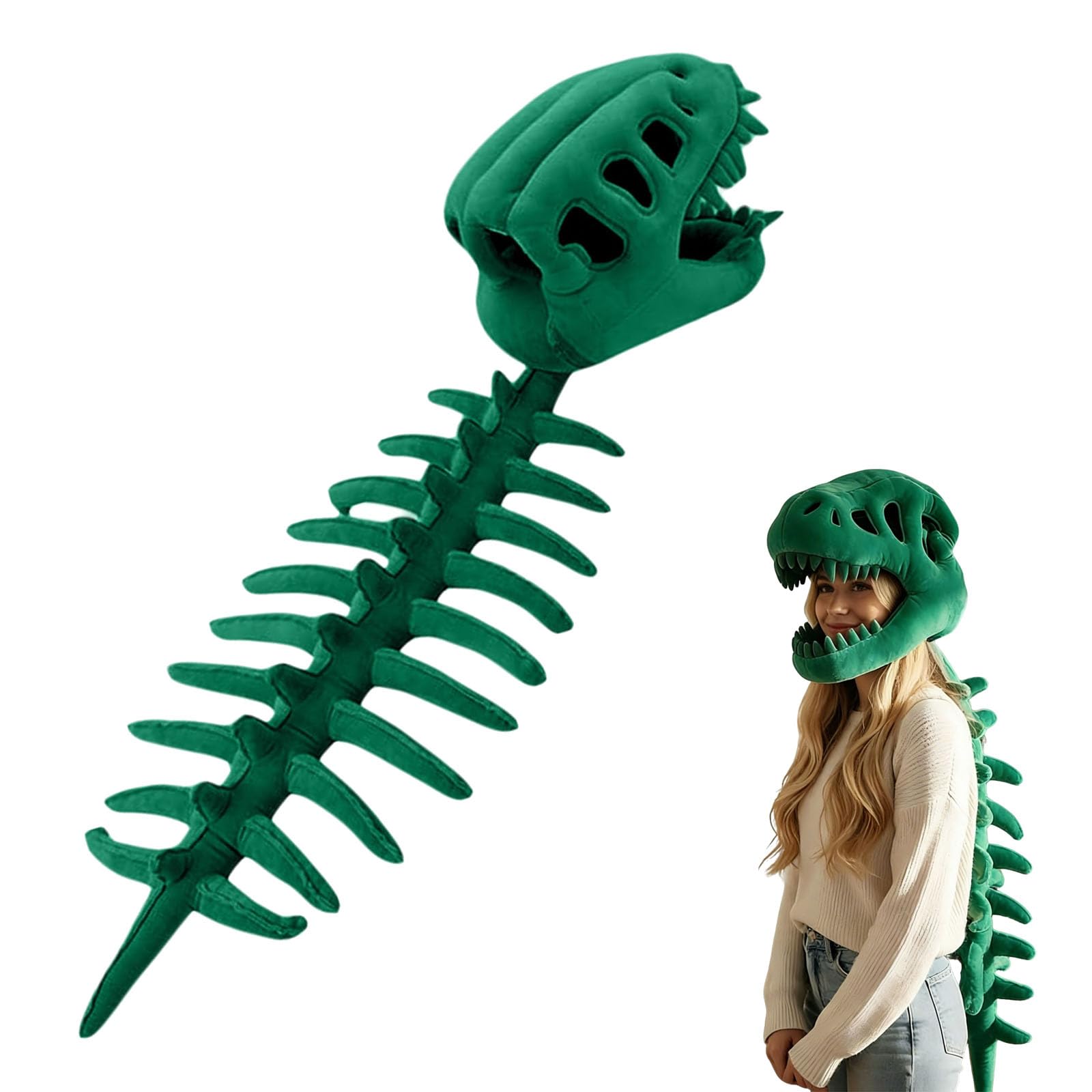 Dinosaur Skeleton Costume, Plush Skeleton Costume for Kids & Adults - Silly Spinosaurus Plush Outfit with 3D Realistic Skull Prop, Cozy Hat with Spine for Halloween Cosplay (Green, Kids(80cm)) — image 1