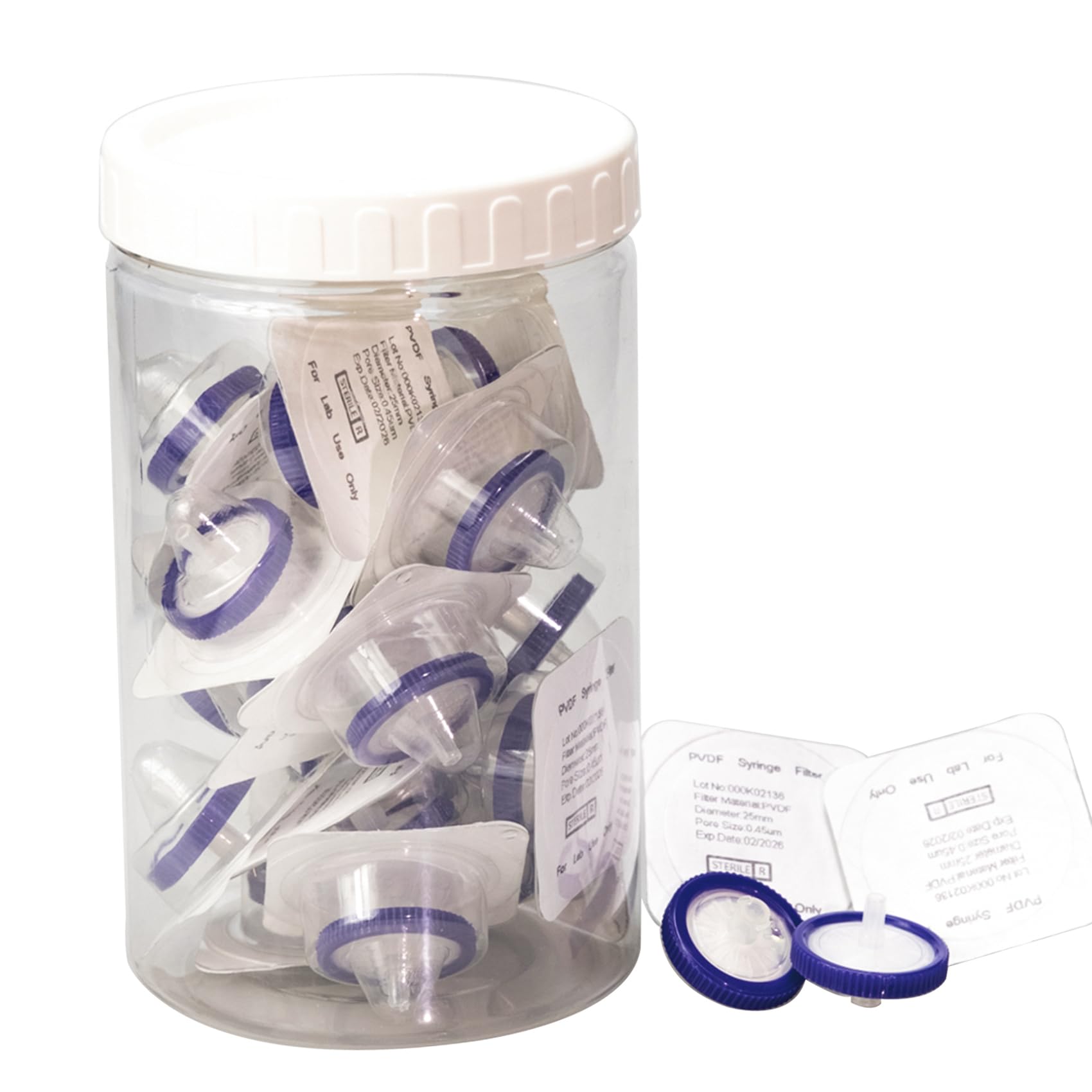 pekybio sterile syringe filter pvdf hydrophilic filtration 0.45um pore size, 25mm membrane diameter, 20 pack, sterile packed individually for hplc sample preparation