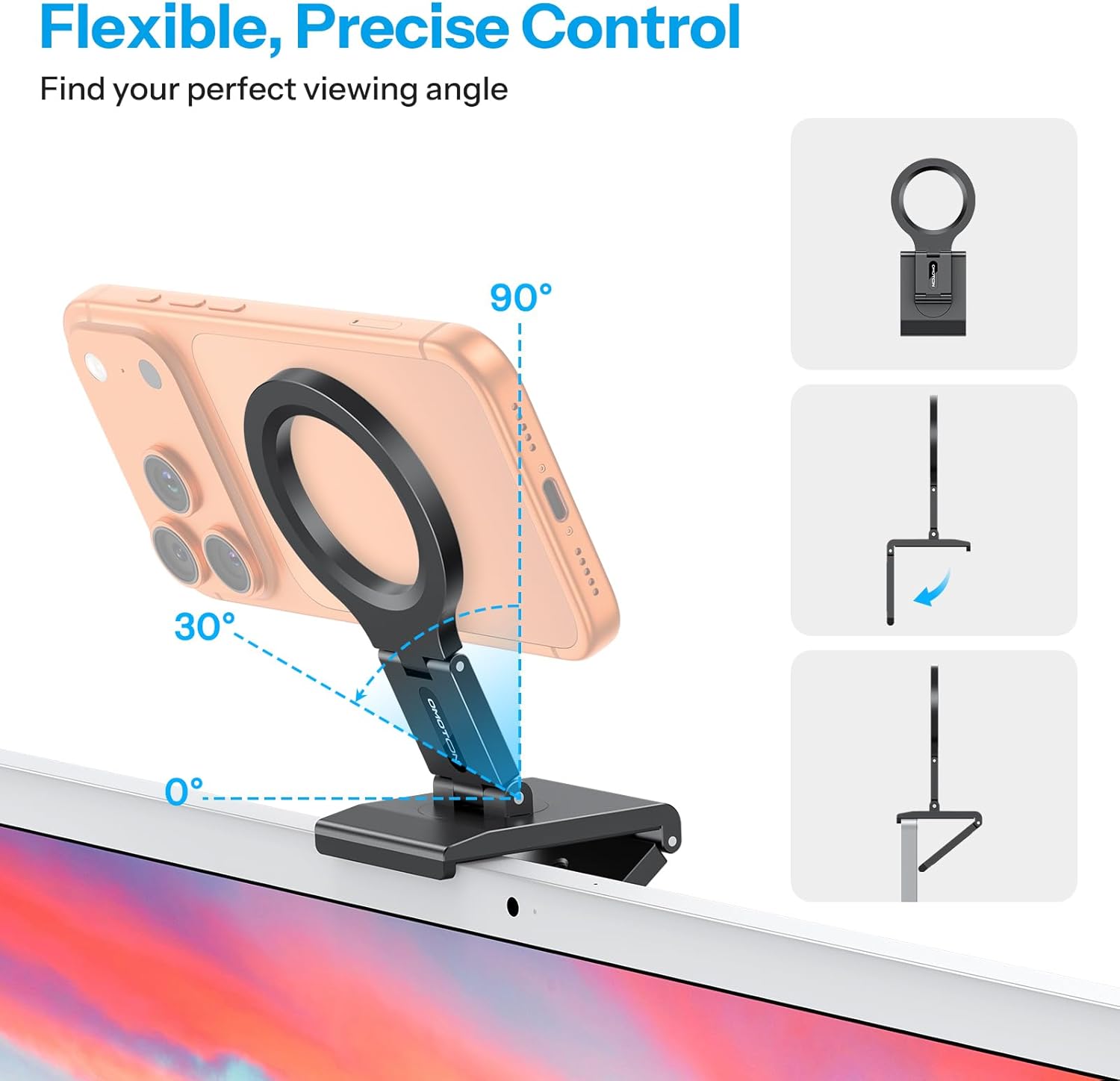 OMOTON VC07 360°Rotating Continuity Camera Mount for iMac Desktop Monitor Mount with 1/4" Screw, Adjustable Magnetic Phone Stand for MagSafe iPhone 17/16 Pro Max Air, Mac, Gym, TV, 4K, Laptop