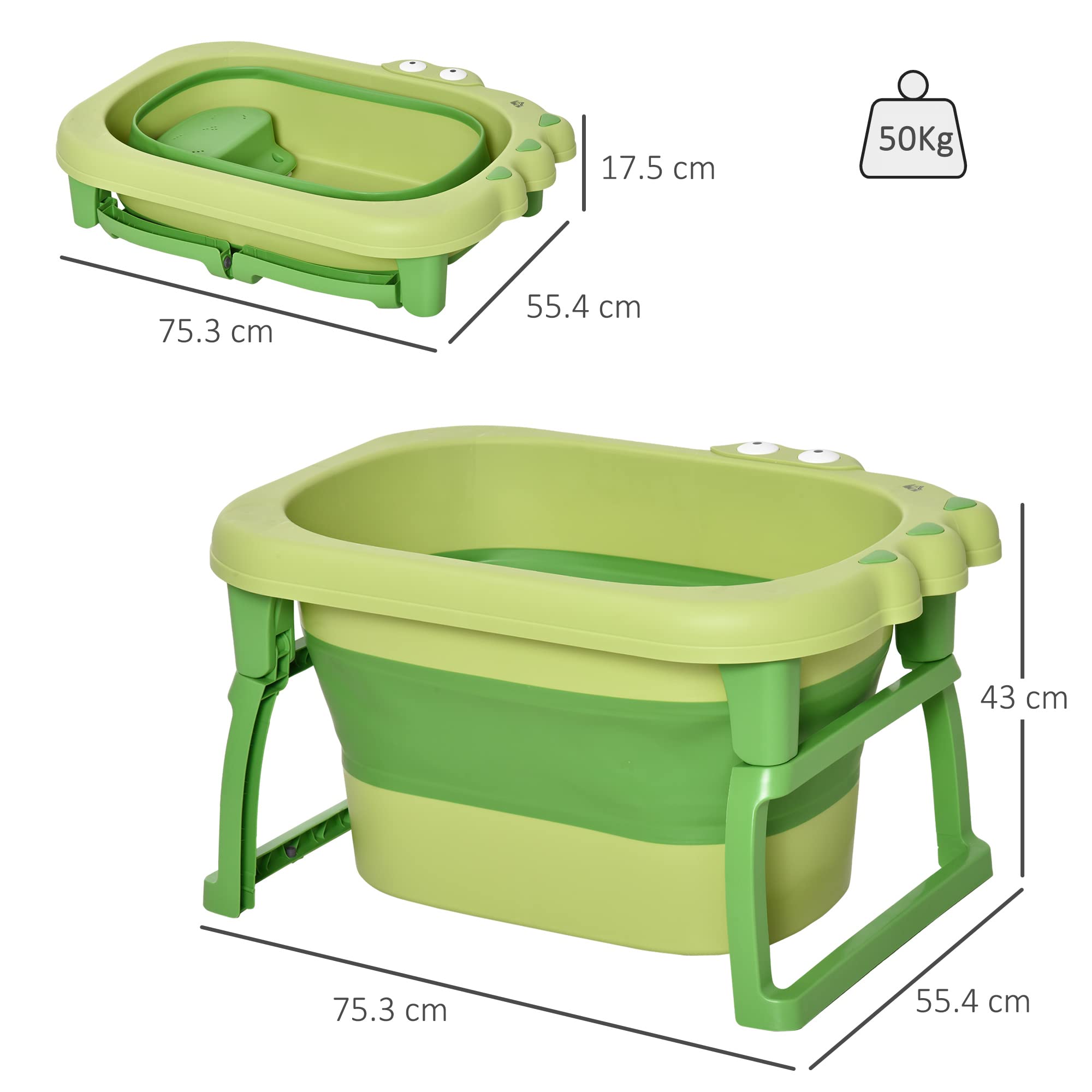 HOMCOM Vaschetta Bagnetto Neonato Pieghevole con Supporto Antiscivolo, Vaschetta da Bagno Portatile per Neonati e Bambini di 0-6 Anni con Foro di Scarico, 75.3x55.4x43cm, Verde