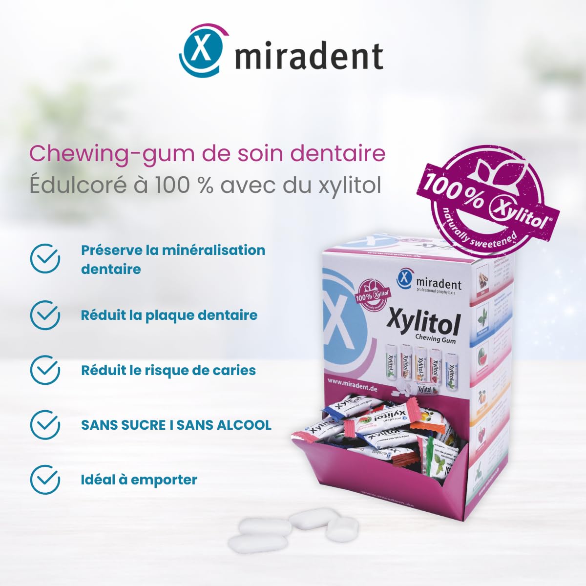 Miradent Xylitol Chewing Gum Distributeur 6 Goûts Assortis Pack de 200