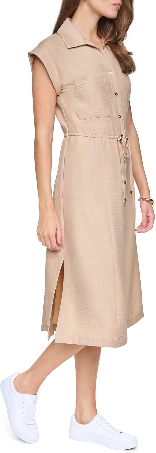 Halston Women's Cap Sleeve Short Shirt Dress with a Drawstring Waist