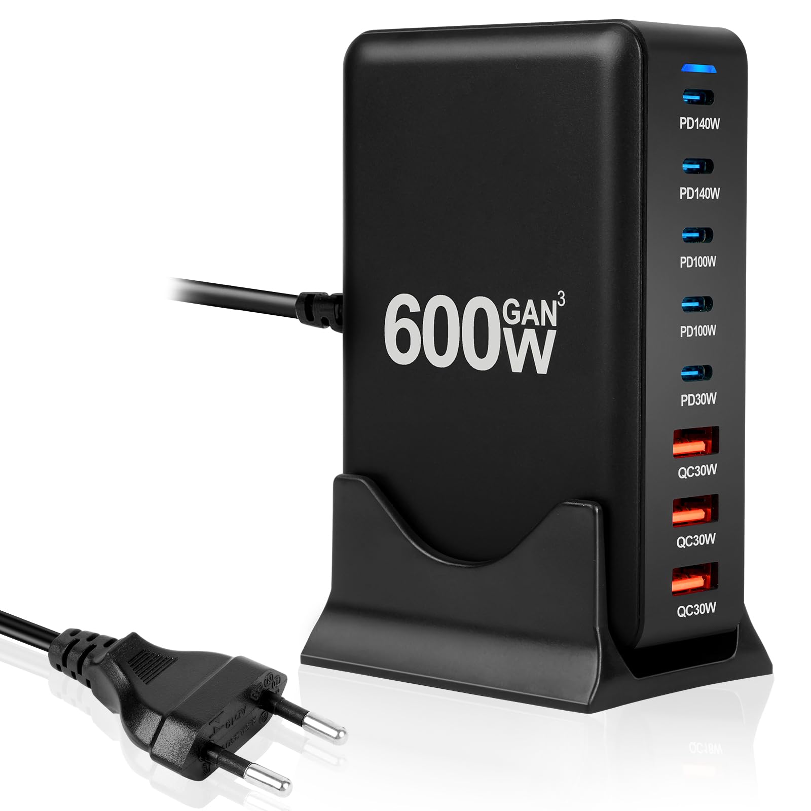 AXFEE Cargador USB C, 600W 8 Puertos Bloque de Carga rápida, Tres USB-A+5*USB-C Cargador Quick Charge, Conector de Pared multipuert Compatible con MacBook Pro/HP Laptop/iPad/iPhone/Huawei