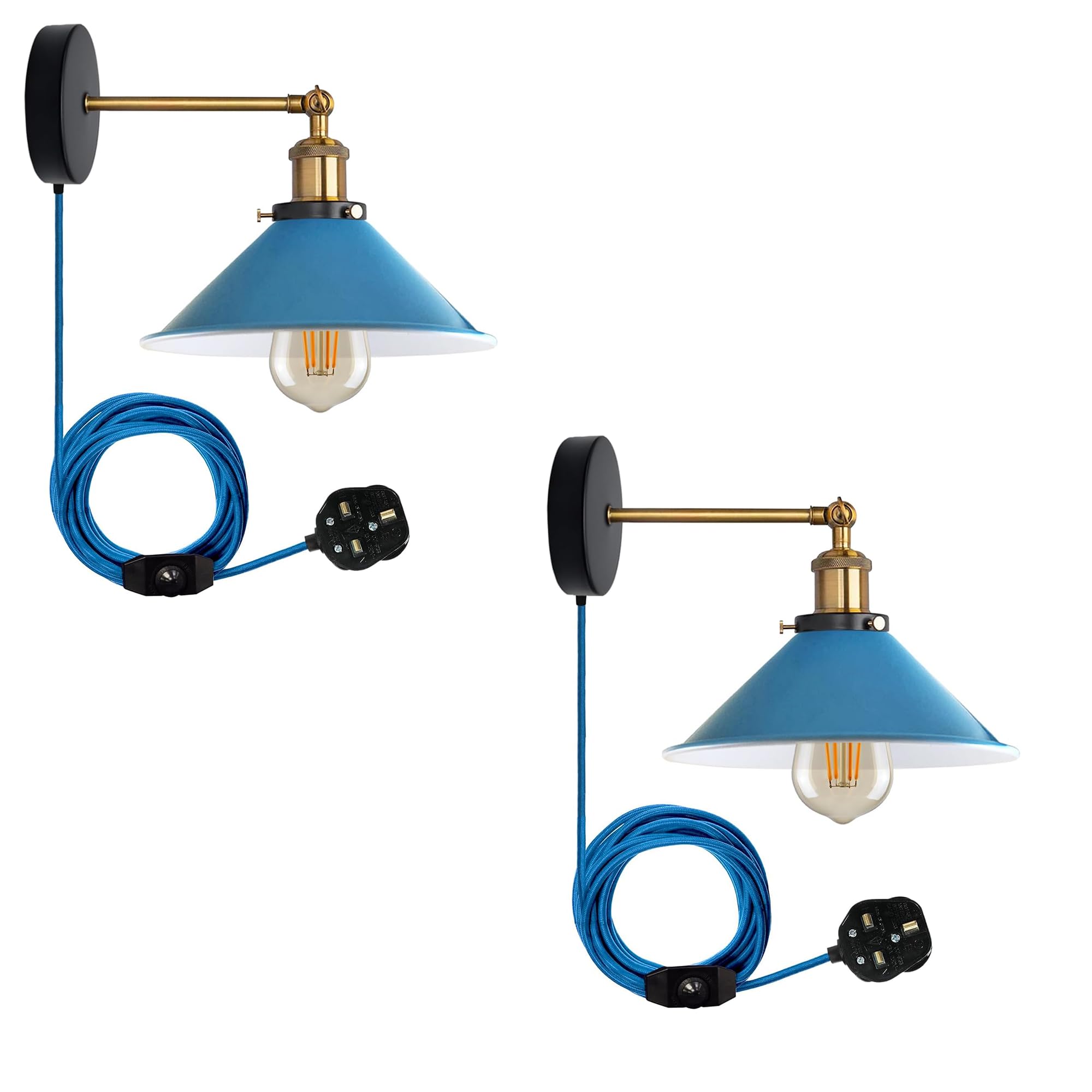 LEDSone 2 Pack of Retro Industrial Wall Light Plug-in Wall Lamp Metal Cone Shape Shade Indoor Light Fitting with Dimmer Switch for Bedroom Hallway Restaurants (Blue 2 Pack, with Bulb) โ image 1