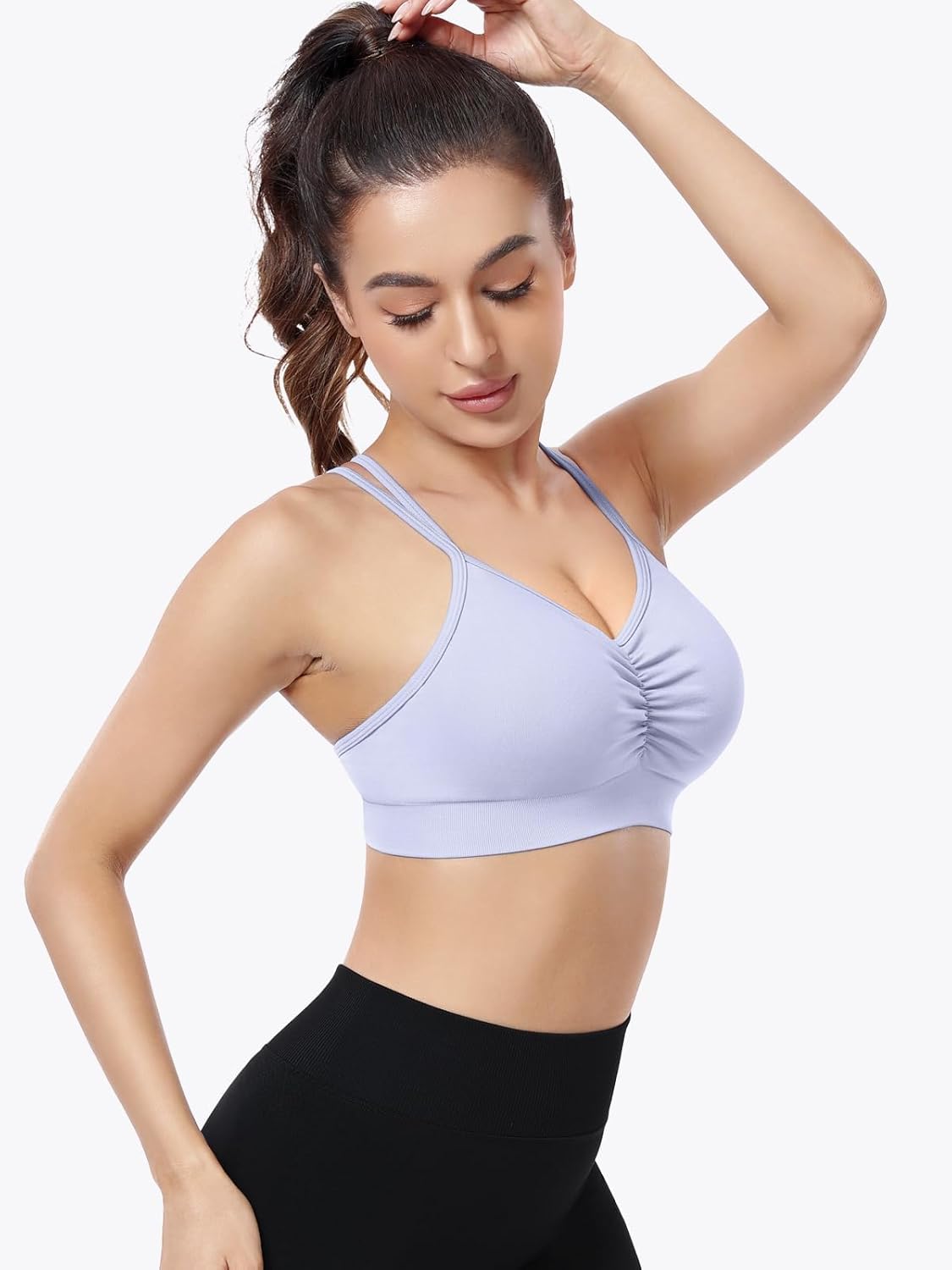 VEQKING Ruched Sports Bras for Women Large Bust, Seamless Padded Strappy Medium Support Yoga Bra, 3 Pack - Image 3