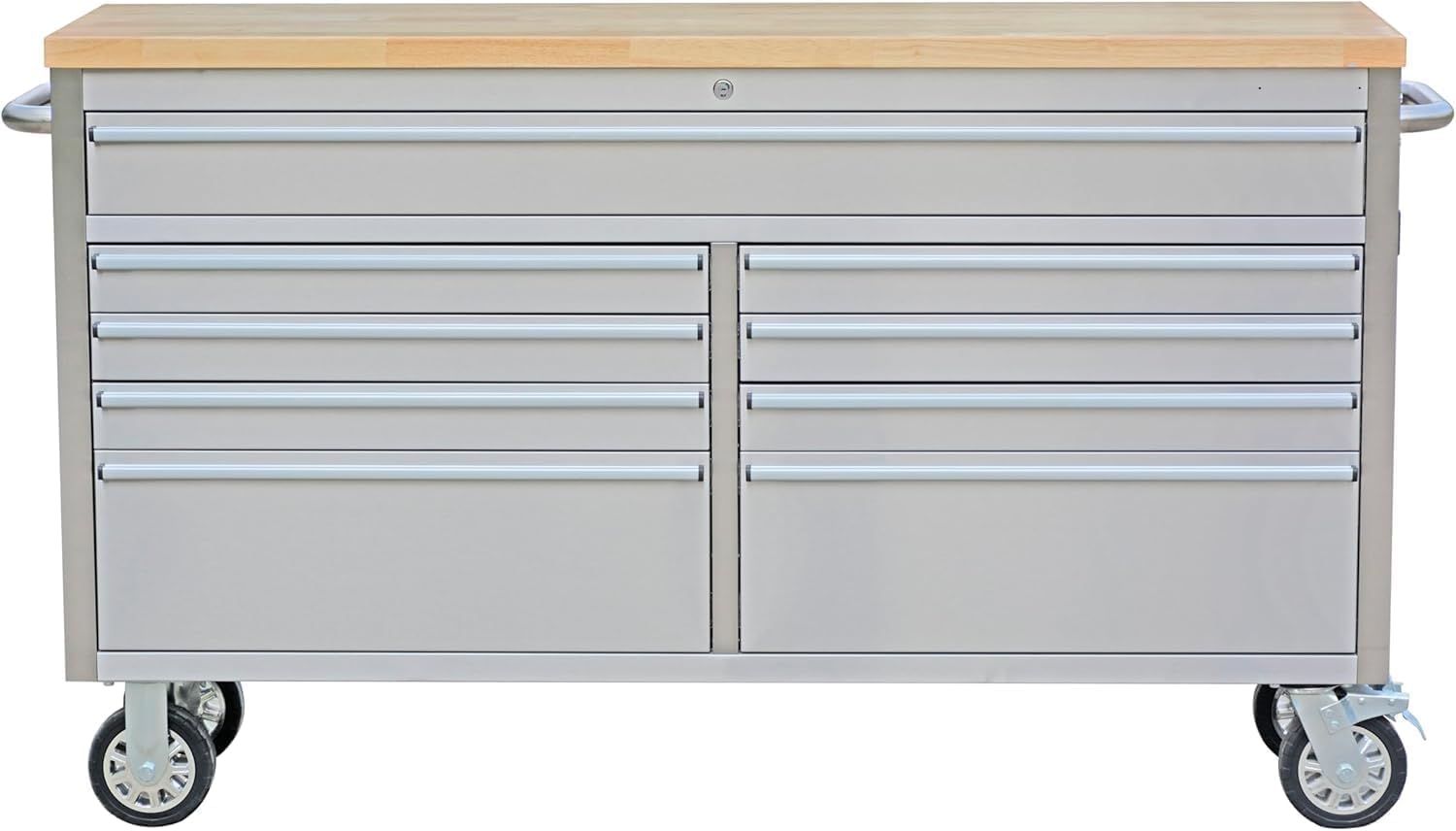 TrailBlaze 61 Inch Professional Workbench with 9 Drawers, Stainless Steel Rolling Workstation with Rubber Wood Top & ETL Certified Power Strip