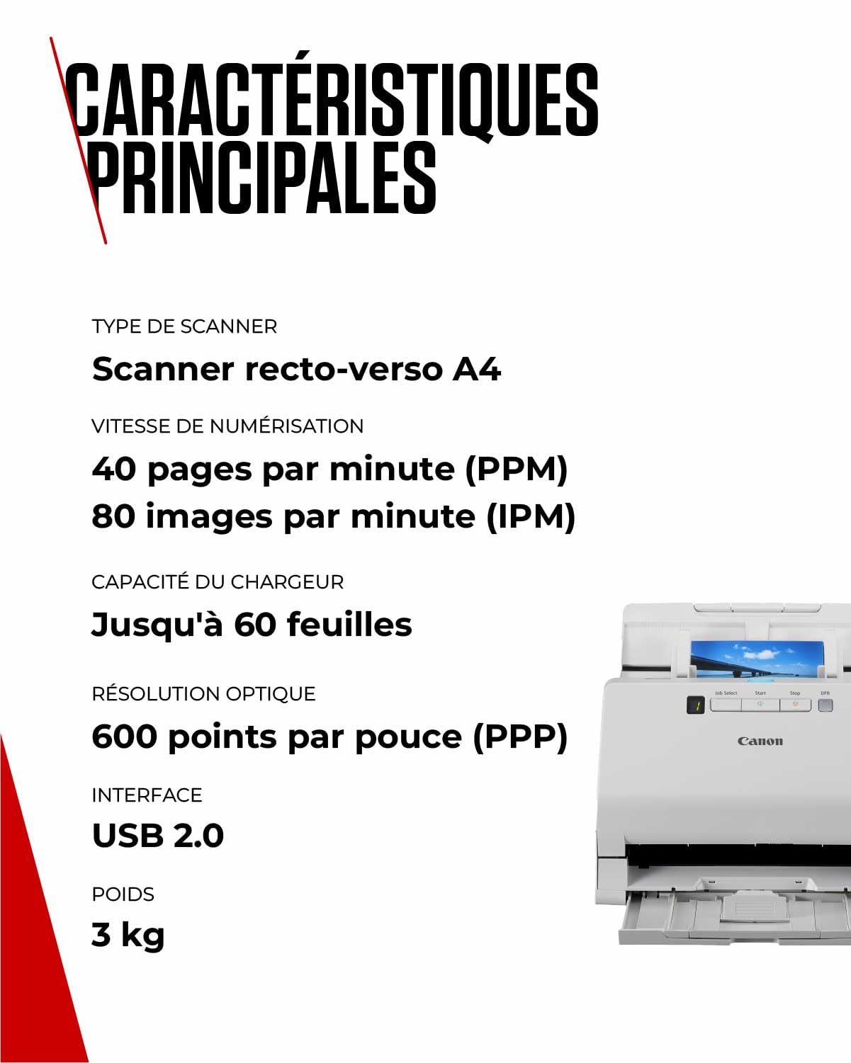 Canon imageFORMULA RS40 Scanner photo et document, recto verso, alimentation USB, pour maison et bureau, correction automatique des photos, correction des yeux rouges, logiciel CaptureOnTouch de Canon