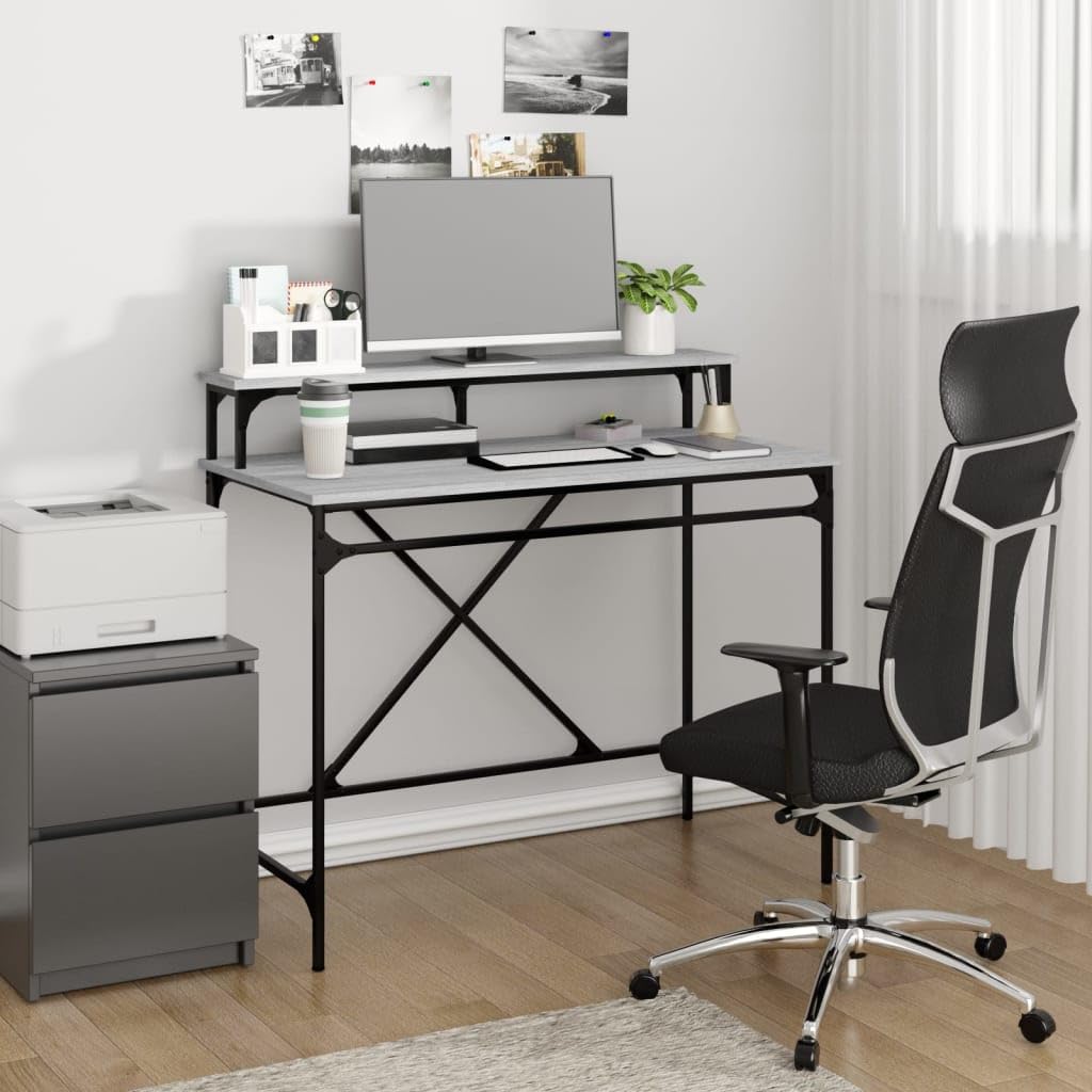Schreibtisch Grau Sonoma 100x50x90 cm aus Holzwerkstoff und Eisen, Computer Arbeit Laptop PC Tisch mit Ablage, Bürotisch für Homeoffice, Lernen, Zocken und Ordnung