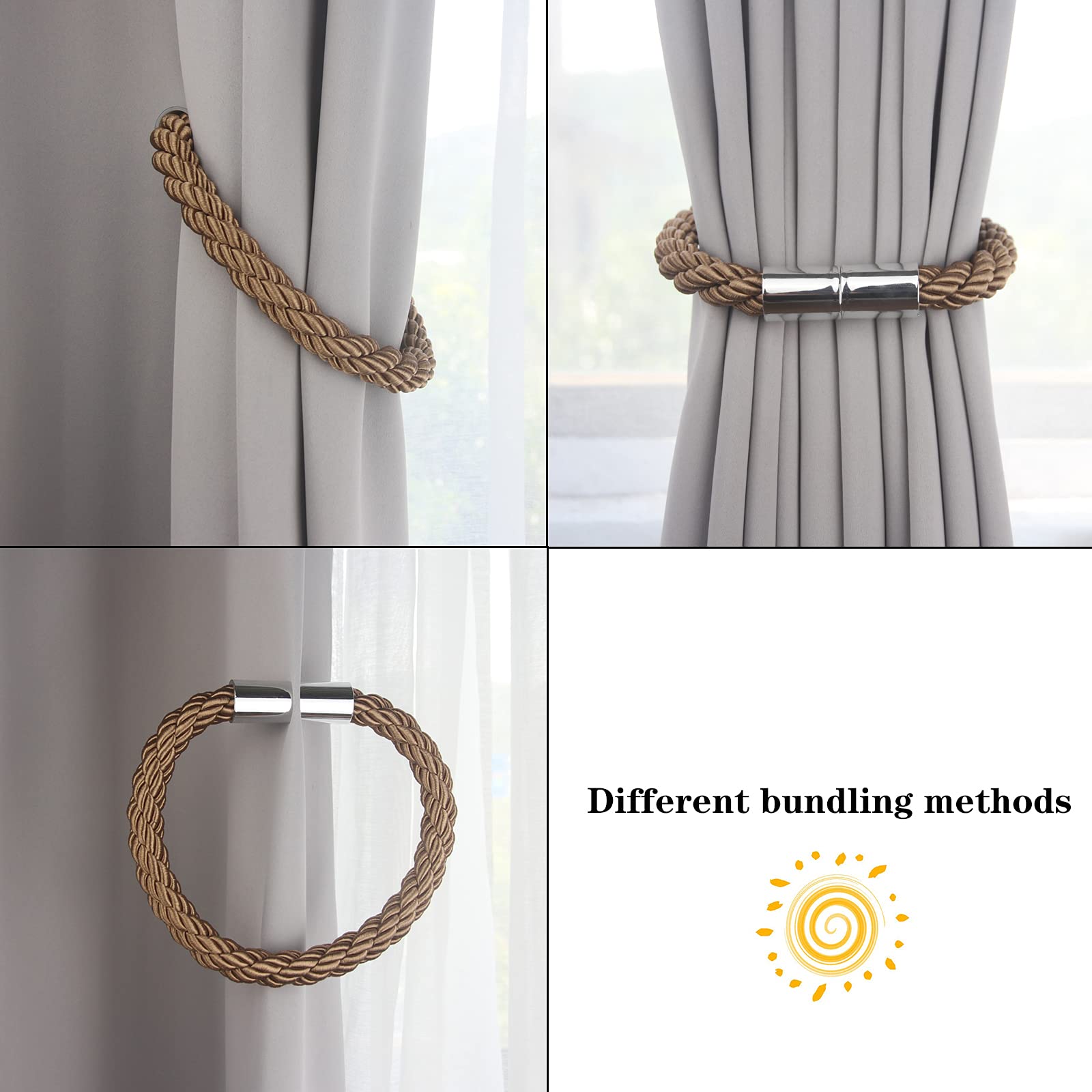 Lot de 4 embrasses de rideaux magnétiques robustes et décoratives en corde kaki de 50 cm pour rideaux fins ou épais avec crochets en métal, légèrement lourdes