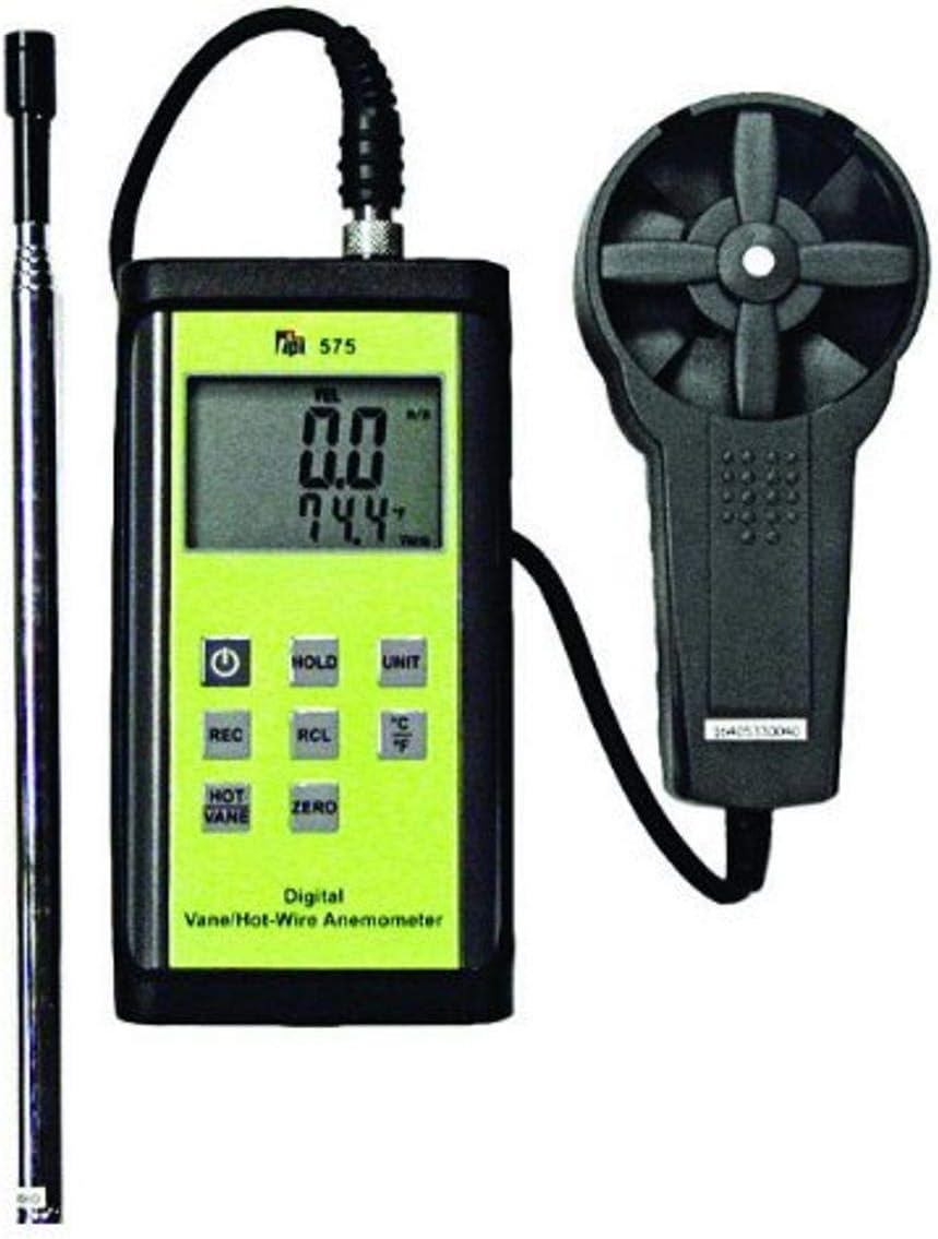 TPI 575C1 Digital Anemometer with Vane Probe and Hot-Wire Probe, 0.4 to 25 m/s Velocity, -20 to +80° C Temperature