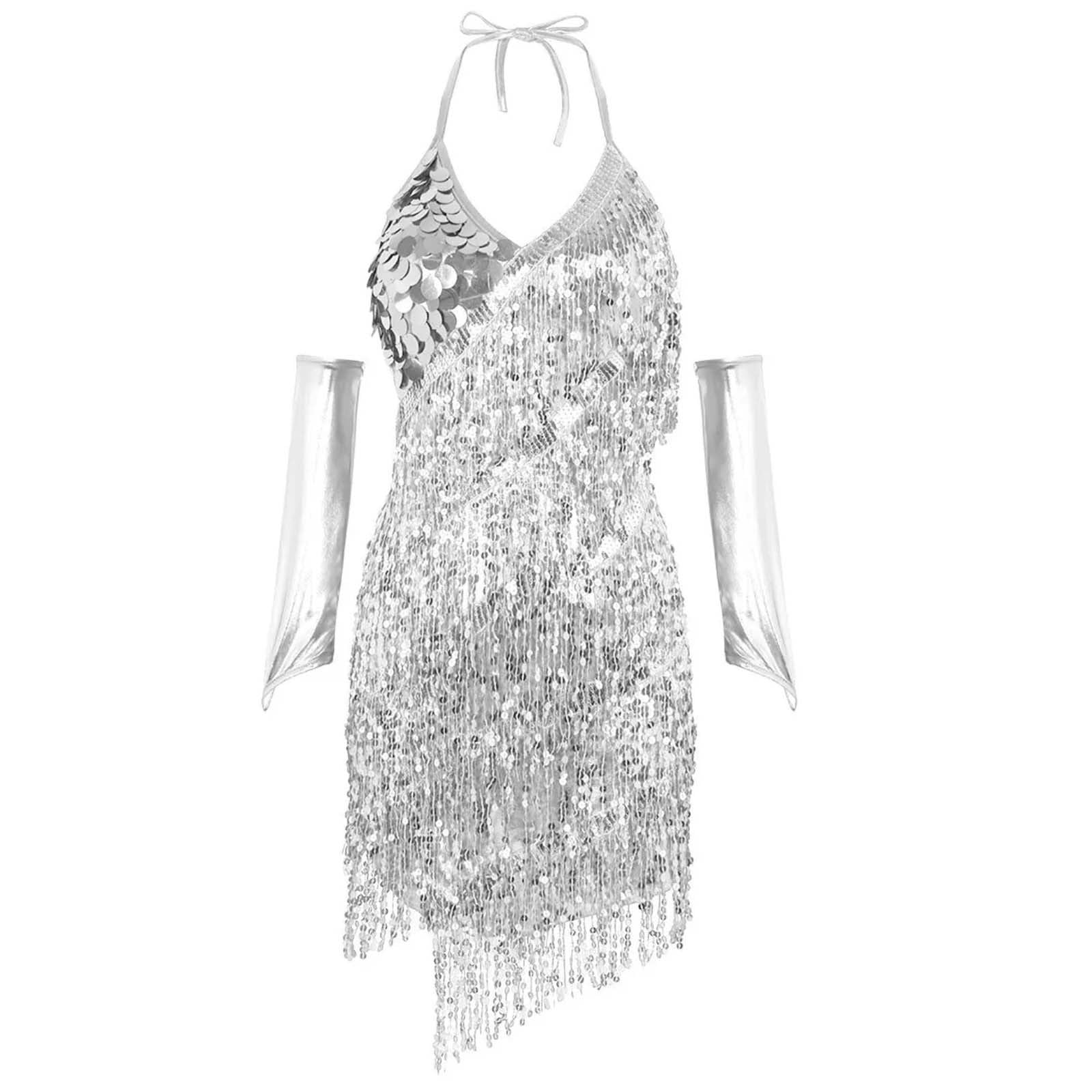 Abito sexy da donna con paillettes e paillettes, schiena scoperta, con maniche e guanti, abito da ballo con frange, per salsa, latino, costume da ballo con nappe