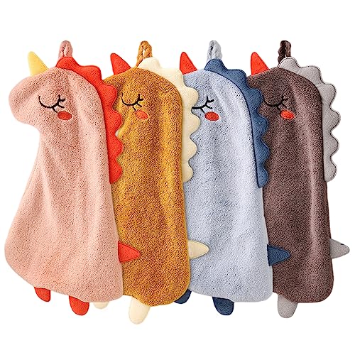 Qixuer Handtücher für Kinder, 4 Stück Tier Kinderhandtuch Set Kleine Dinosaurier Form Mikrofaser Handtuchset Schnell Trocknende Waschlappen mit Aufhängeöse Duschtuch für Küche