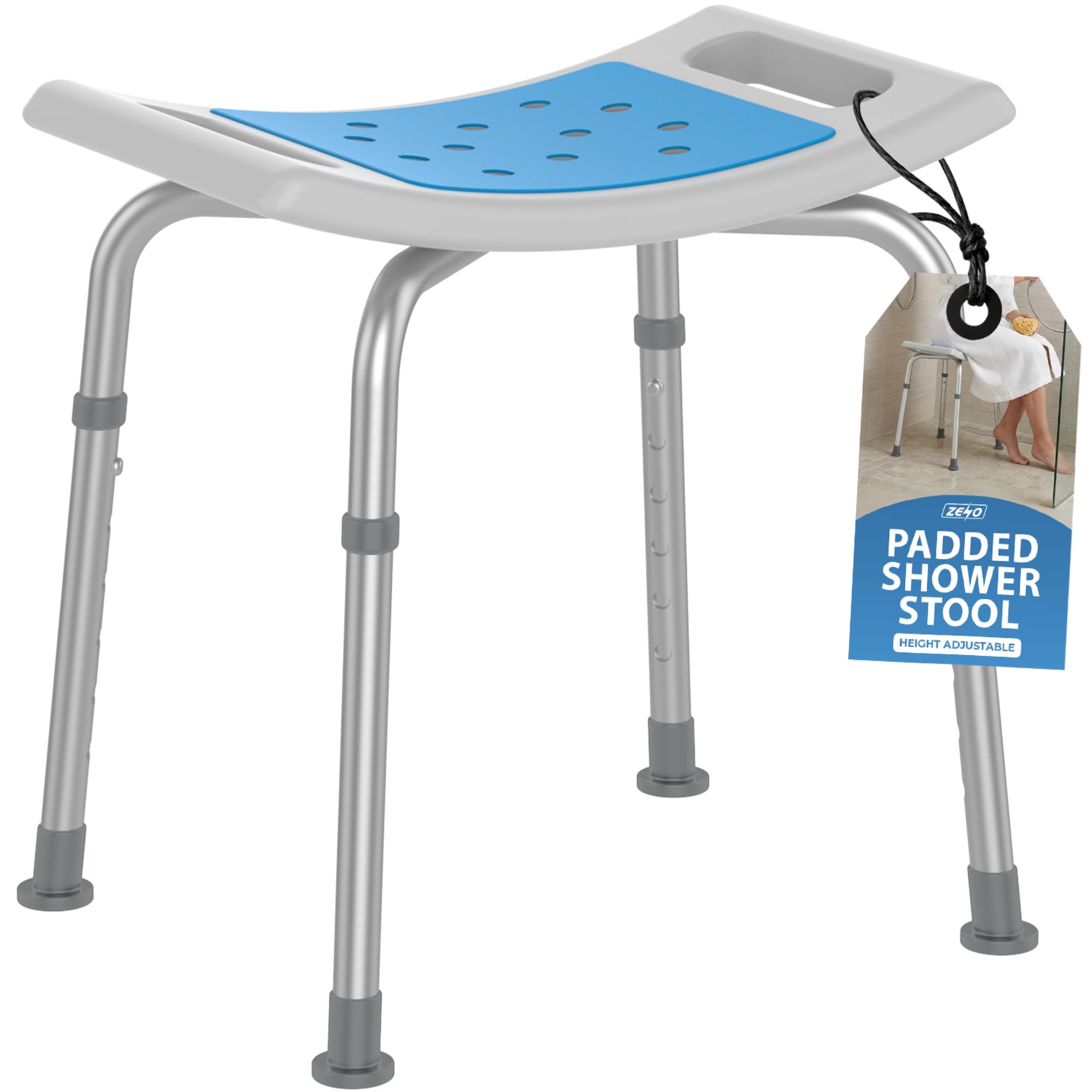 Zeno White & Blue Shower Stool For Elderly | Bath Seats For Adults | Disabled Bathroom Chairs And Stools | Non Slip Shower Seat | Adjustable Bath Stools To Sit On | Non-Slip Design W/Padded Seat Drainage Holes