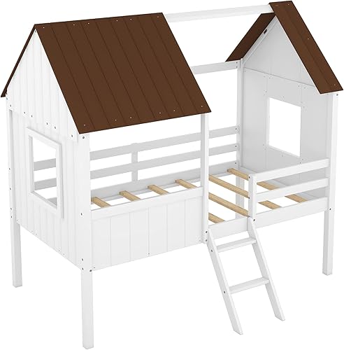 Miniatura 7 de Cama individual para niños, marco de cama baja de madera con ventanas y techo, fácil montaje, para niñas y niños (blanco y marrón)