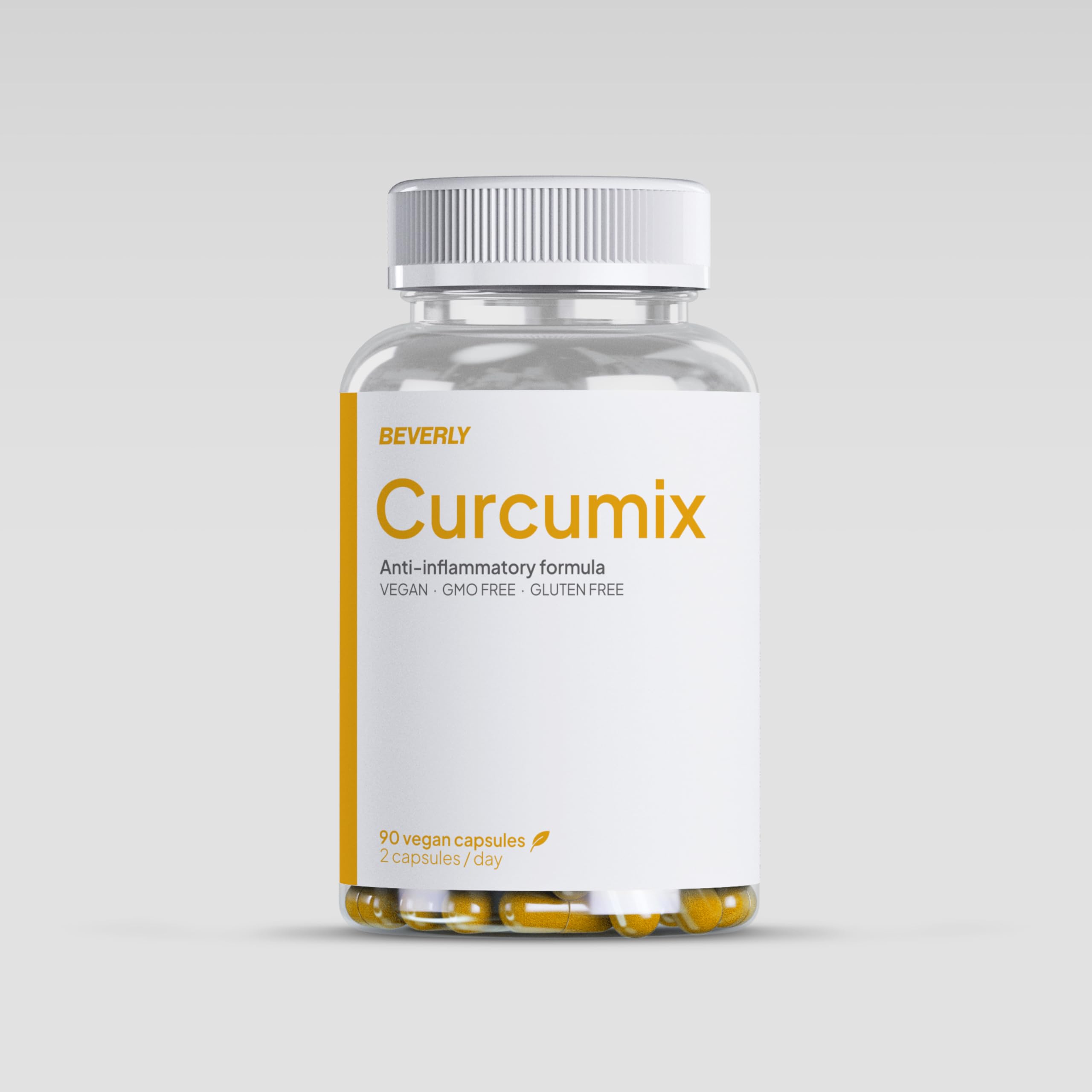 Beverly Curcumix - Cúrcuma con Quercetina, Jengibre, Boswelia, Pimienta Negra y Vit. D - 90 Cápsulas veganas - 45 Servicios - Sin OGM ni Gluten