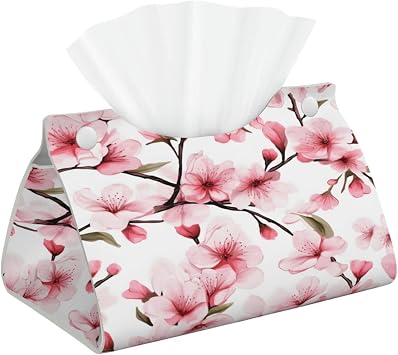 Tissue Box Cover Pink Japanese Floral Cherry Blossom Rectangle PU Leather Tissue Box Holder for Car Bathroom Bedroom Desk Tabletop Decor