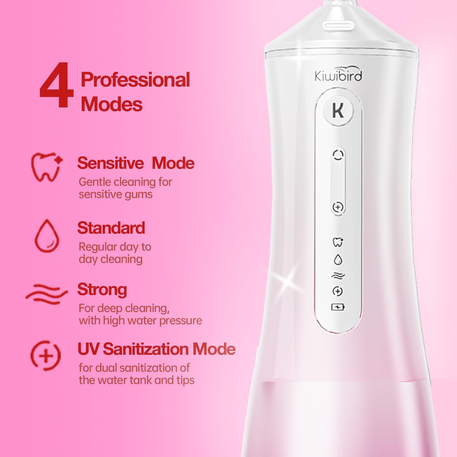 KIWIBIRD Wasser-Zahnseide mit UV-C-Desinfektion, kabellose Munddusche, 3 Modi und 4 Spitzen, 300 ml BPA-freier Tank, 40-120 PSI tragbarer Zahnreiniger für Plaque, Zuhause und Reisen (Pink Ombre)