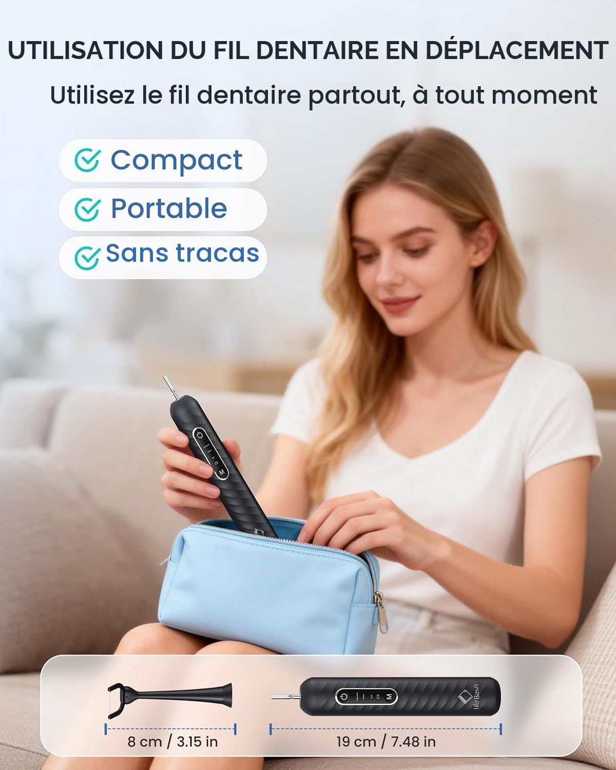 LifeBasis Fil Dentaire Électrique Rechargeable, Fils Dentaire avec 50 Têtes de Rechange Réutilisables et Étanche IPX7, Alternative Compacte au Jet Dentaire, Idéal pour Adultes et Voyage