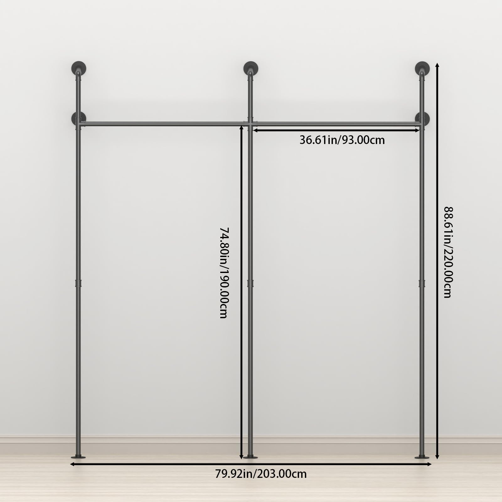 Portant Vetement Mural, Porte Manteau Industriel, 203x220cm | Tringle Vêtements, Penderie Murale, Ouvert Penderie Dressing, Capacité de Charge 300 kg, pour Chambre, Stable et Robuste