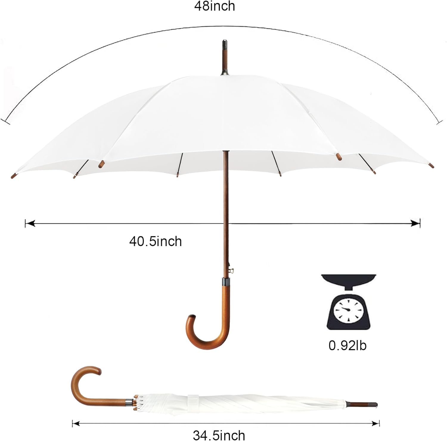 SoulRain 48" White Stick Umbrella – Large Windproof Wedding Umbrella for Rain, Automatic Open, Vintage Cane Umbrella with Wooden Handle & Shaft, Elegant Parasol for Women & Men(White) - Image 4