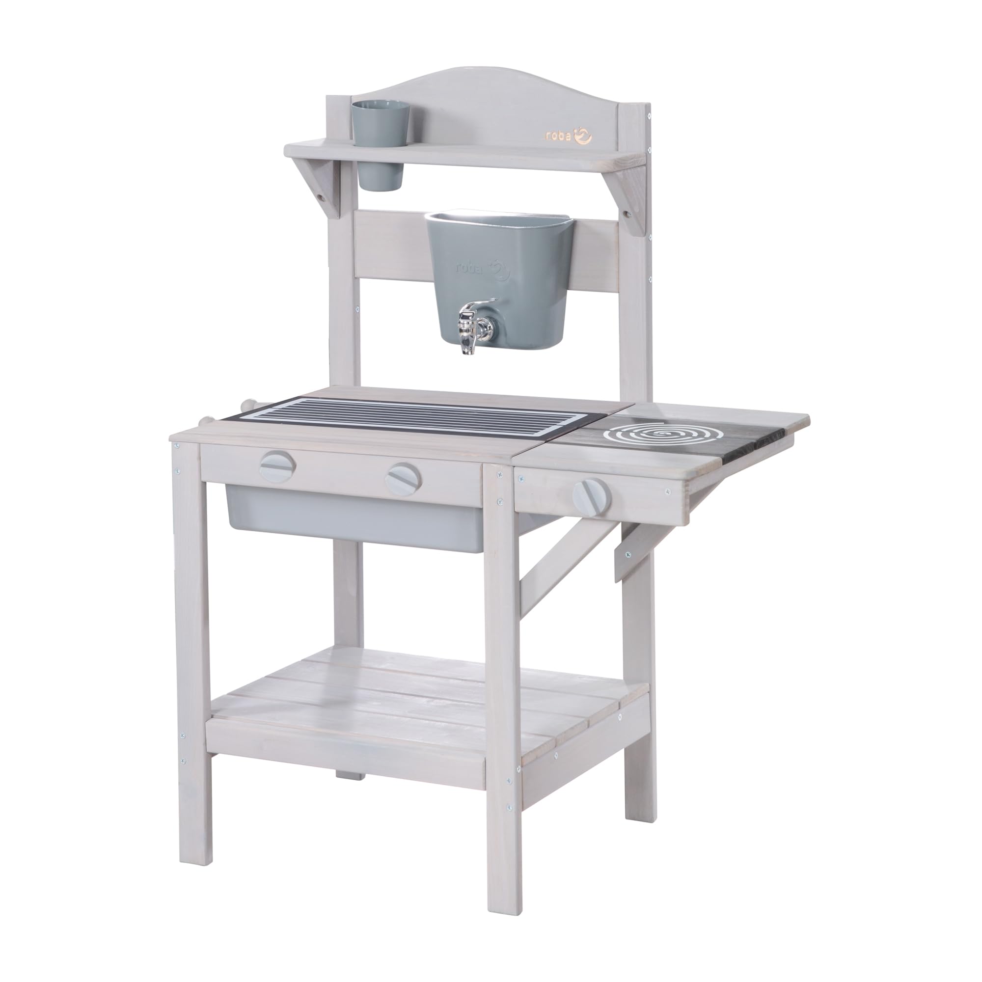 roba Cuisine Extérieure Compacte pour Enfants en Bois Massif - avec Gril, Évier en Plastique, Réservoir à Eau et Accessoires - Idéale de 18 Mois à 8 Ans - Gris Clair