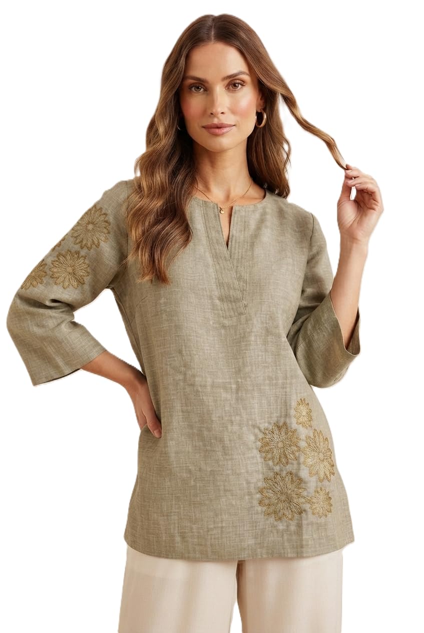 Olive Green Linen Cotton Embroidered Short Kurti-image-30