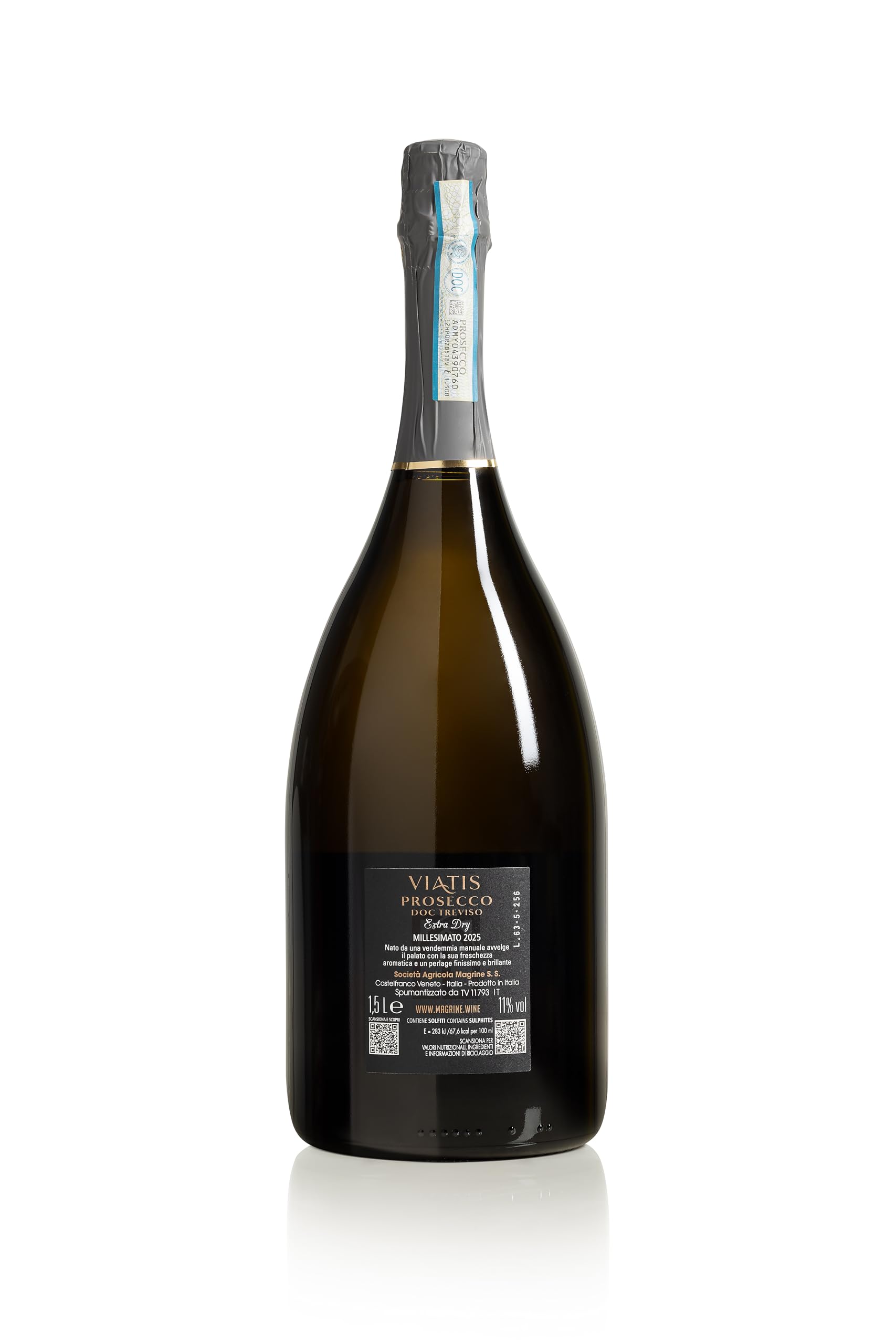 Magrine | Viatis Prosecco DOC Treviso "Millesimato" Extra Dry Vino Spumante Italiano Metodo Martinotti con Uve 100% Glera Selezionate e Vendemmiate a Mano 1 Magnum da 1500 mL