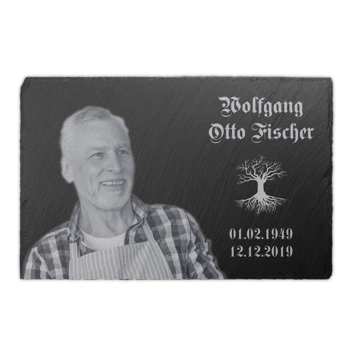 personalisierte Gedenktafel für Menschen Schiefer 30 x 20 cm wetterfest - Individueller Text und Foto Schwarz-Weiße Gravur (mit Laser eingebrannt)