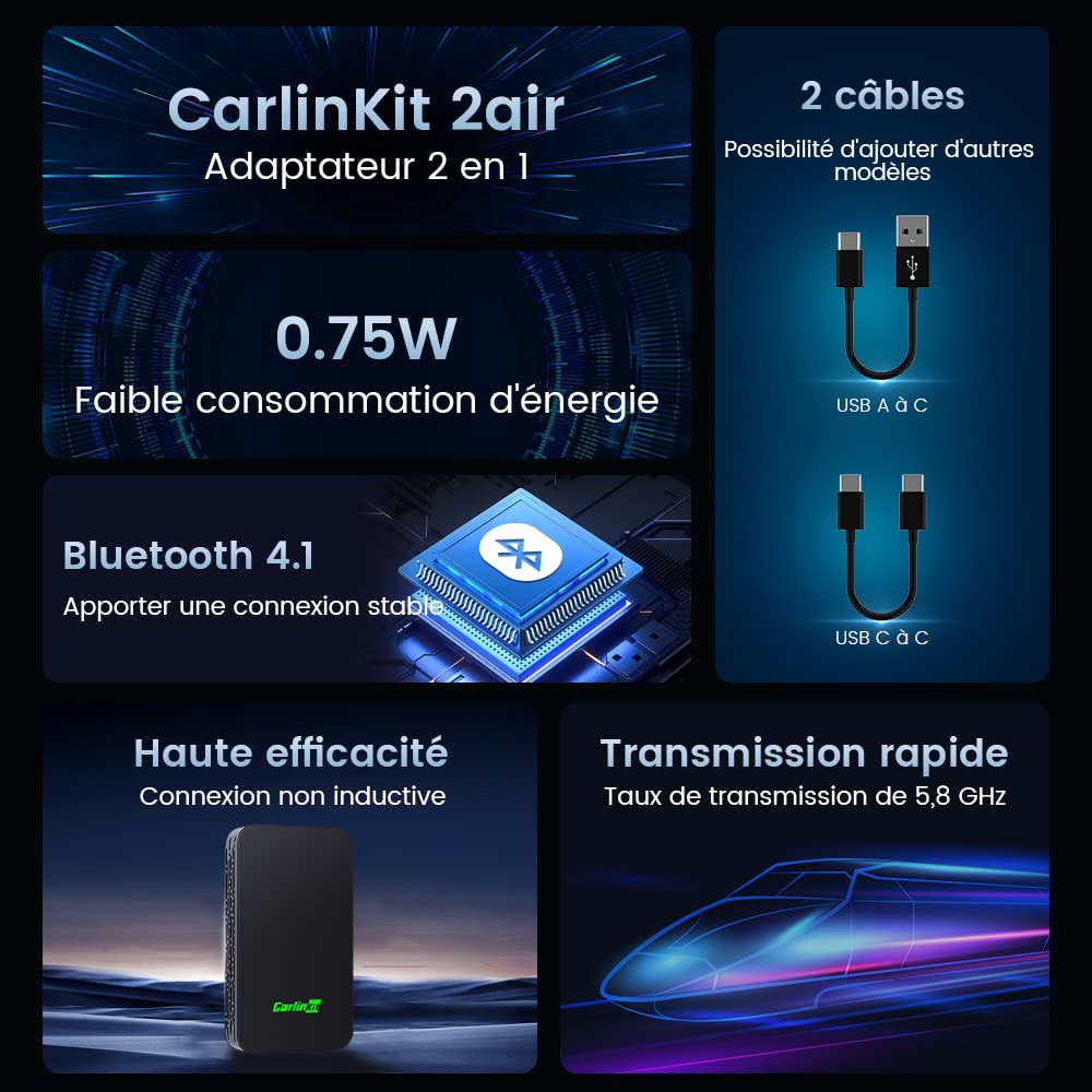 Carlinkit 2026 Nouvelle Mise à Niveau Adaptateur 5.0 2Air, Apporte CarPlay/Android Auto sans Fil, Brancher et Utiliser, Connectivité sans Fil
