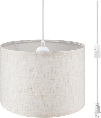 Lámpara colgante enchufable, lámpara colgante de 15 pies con cable de enchufe, interruptor de encendidoapagado, pantalla de lino beige, lámpara