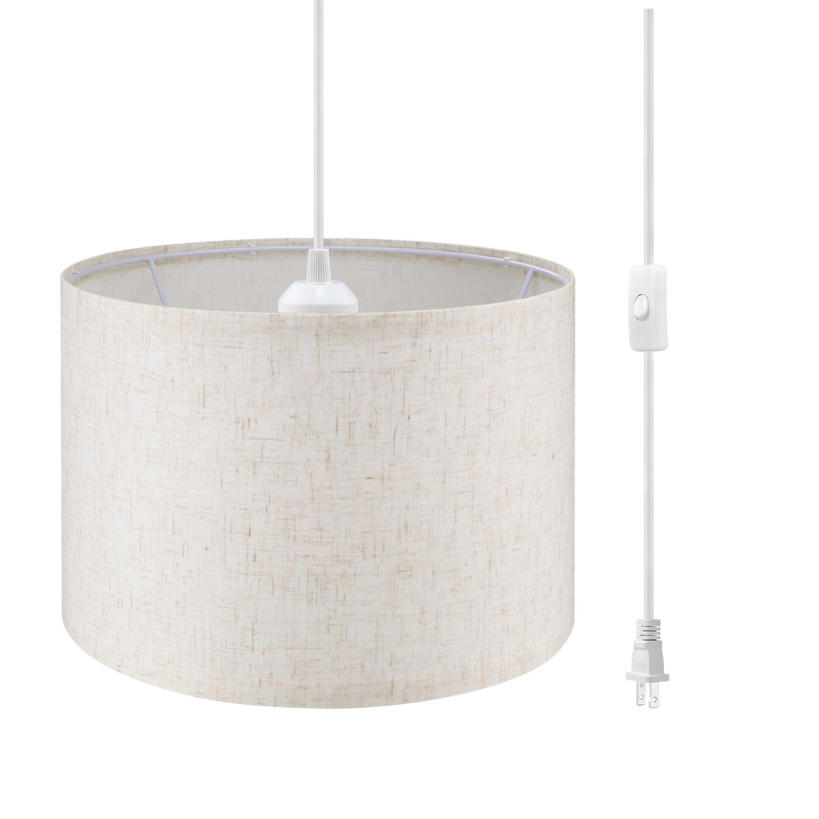 Plug in Pendant Light,15 FT Hanging Lamp with Plug in Cord, On/Off Switch, Beige Linen Shade, Hanging Light Fixture for Bedroom, Living Room, Dining Room, Kitchen