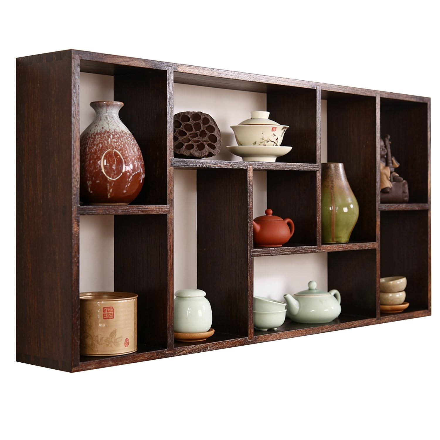 Porte-tasses en bois marron grand format 60x80cm avec étagères de rangement tasses