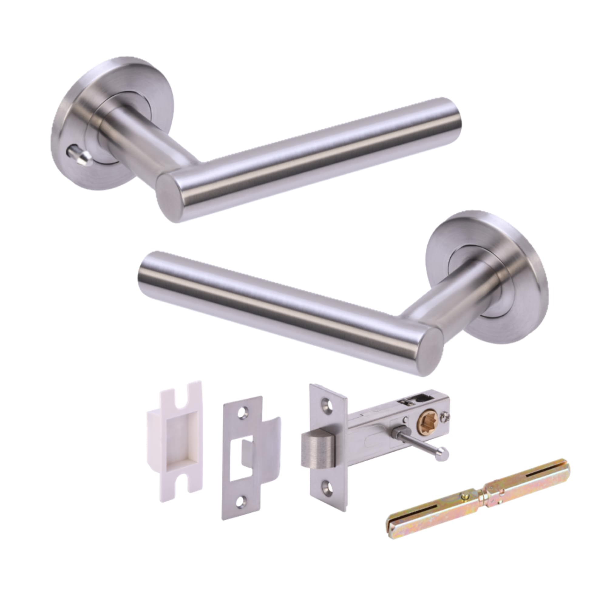 Hunta HANDLEZONE® Rota T-Bar Privacy Lever on Round Rose Door Handles, with Privacy Latch, for Bathroom, Toilet and WC Doors, 1 Set - Satin Stainless Steel