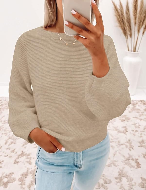 ZESICA Women's Crew Neck Long Lantern Sleeve Fall 2025 Casual Loose Ribbed Knit Solid Soft Pullover Sweater Tops,Oatmeal,Medium by ZESICA - Used condition - US$7.51