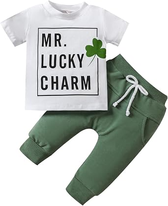 Toddler Baby Boy St. Patricks Day Clothes Short Sleeve Letter Print T-Shirt Tops Casual Drawstring Pants Outfits