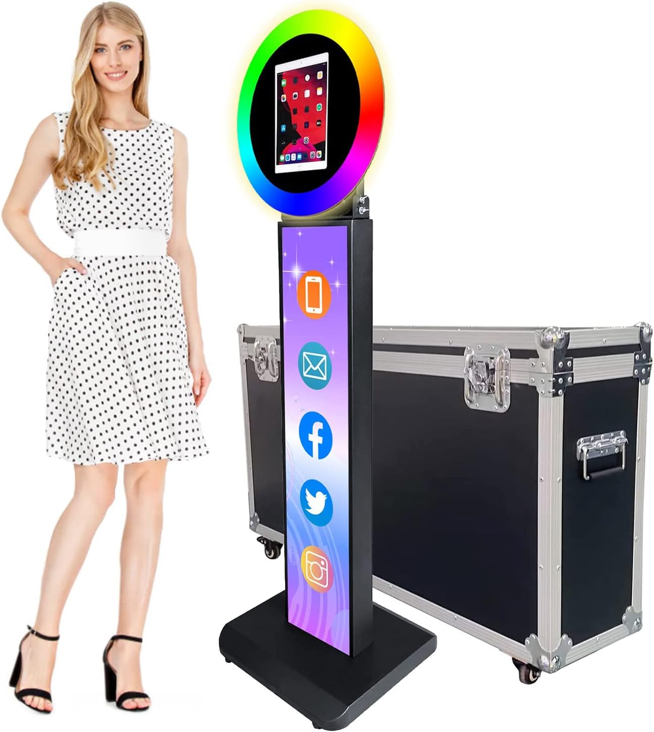 Portable Photo Booth for Selfie Machine, Portable Photo Booth Shell, Adjustable Stand Photobooth Machine, with RGB LED Ring Light and Flight Case, Show Personality(11inch)