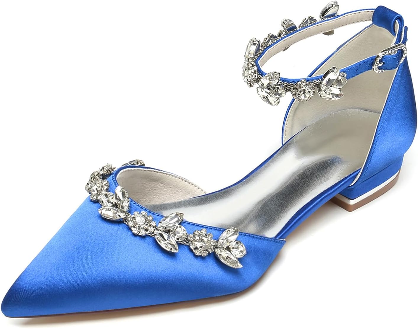 Women Rhinestone Wedding Flats Comfort Pointed Toe Ballet Flats Ankle Strap Low Heel Dress Shoes Sparkly Flats for Women