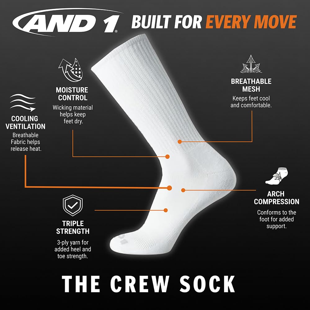 AND1 Crew-Socken für Herren, feuchtigkeitsableitend, gepolstert, atmungsaktiv, Sportsocken für Herren, Größen 39-47, 12 Stück