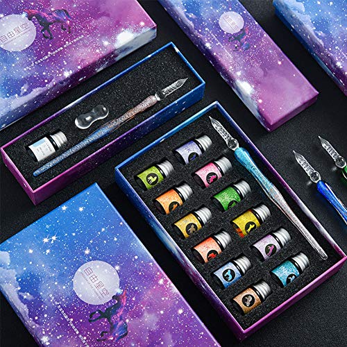 Yolakis Glass Dip Pen, Crystal Vintage Handmade Dip Pen And Ink Set Signature Writing Drawing Pen Office Student Business Gift Pen (Sky Blue+Ink) #TOP5